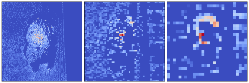Cover image for an article about guided back propagation. You can see three images with blue and red pixels. They decrease in complexity. Showing different features captured by different layers in a neural network.