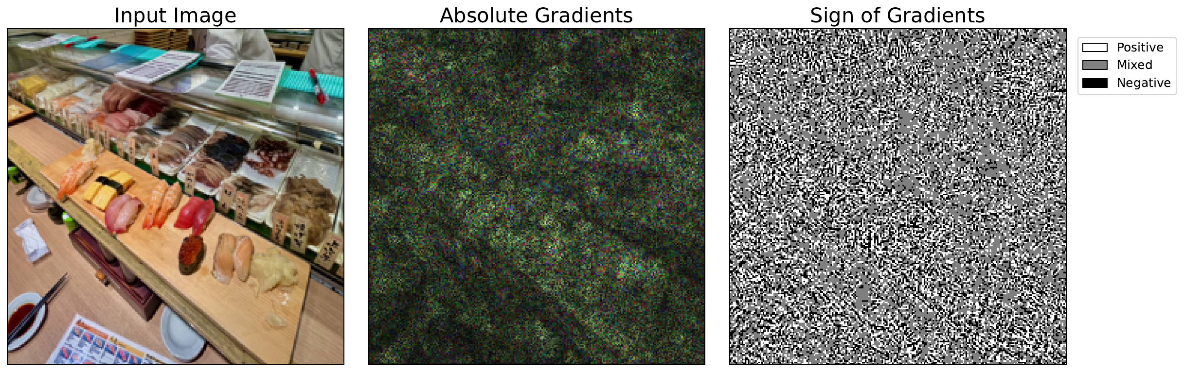 example of noisy vanilla gradients. We have the input image (left), the absolute gradients of the largest score (center) and the sign of the gradients (right). For each pixel, there will be a gradient from each channel. If the gradient sign from all channels is not the same, the pixel is given a grey colour.