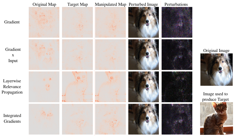 adversarial perturbations resulting in misleading explanations. The original map gives the saliency map for the original image of the dog. The manipulated map gives the saliency map for the same method and model using the perturbed image of the dog. Although the perturbed image is visually similar and the predicted class is the same, the manipulated map now resembles those for the target image of a cat (source [6]).
