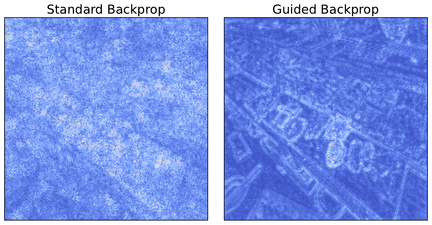 a comparison of the gradients obtained from standard backprop (left) and guided backprop (right).