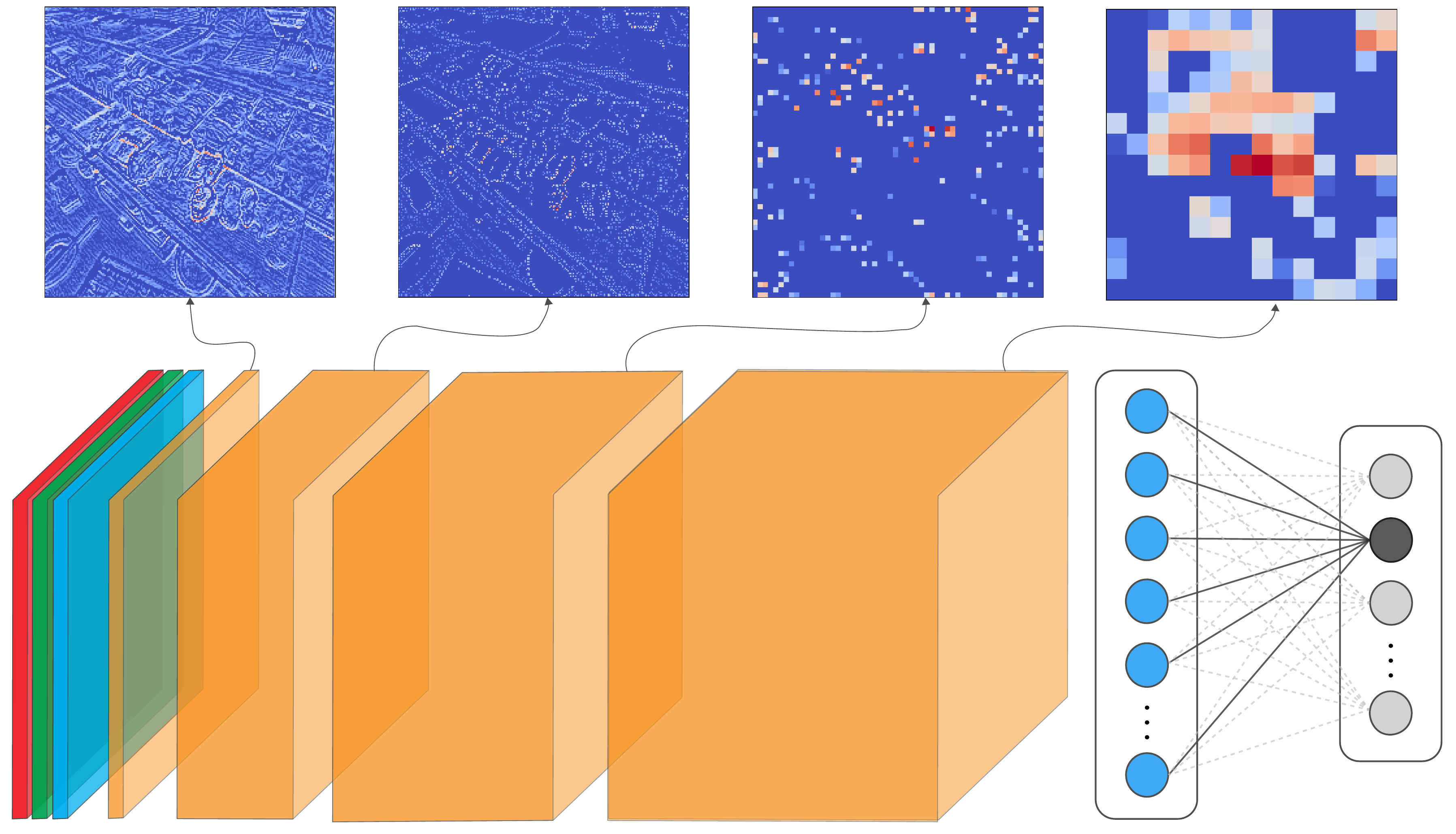 feature maps extracted at different layers of the network. Earlier layers detect basic patterns, which are combined into more abstract features.
