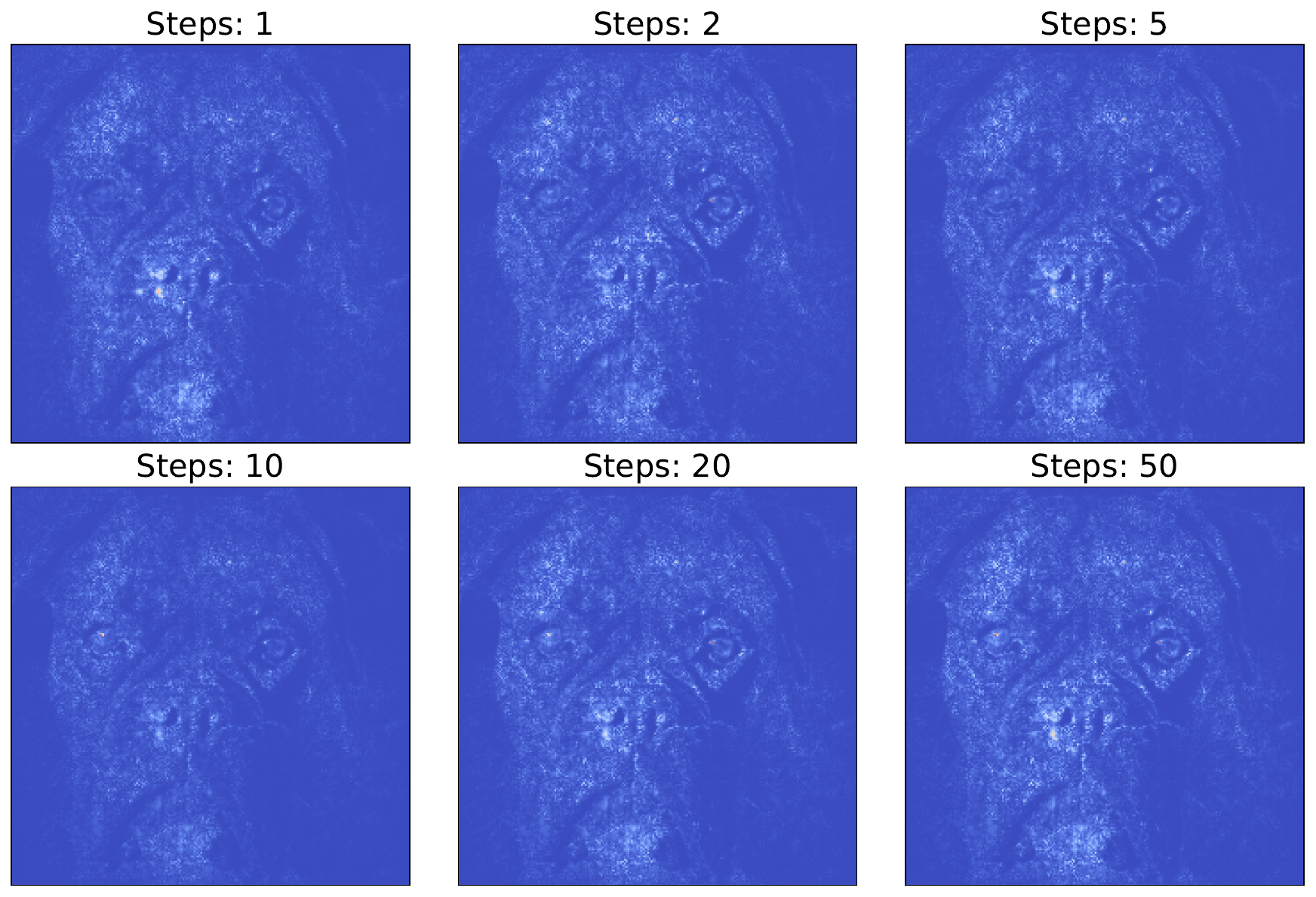 Integrated gradients attributions using different numbers of interpolation steps between the input and baseline.